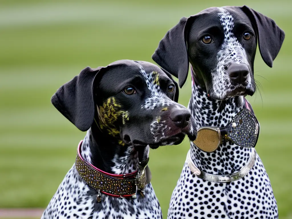 A German Shorthaired Pointer showcasing a merle pattern with a combination of colors and intricate markings