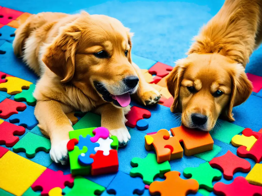 A Golden Retriever focused on solving a dog puzzle toy filled with treats showcasing mental stimulation