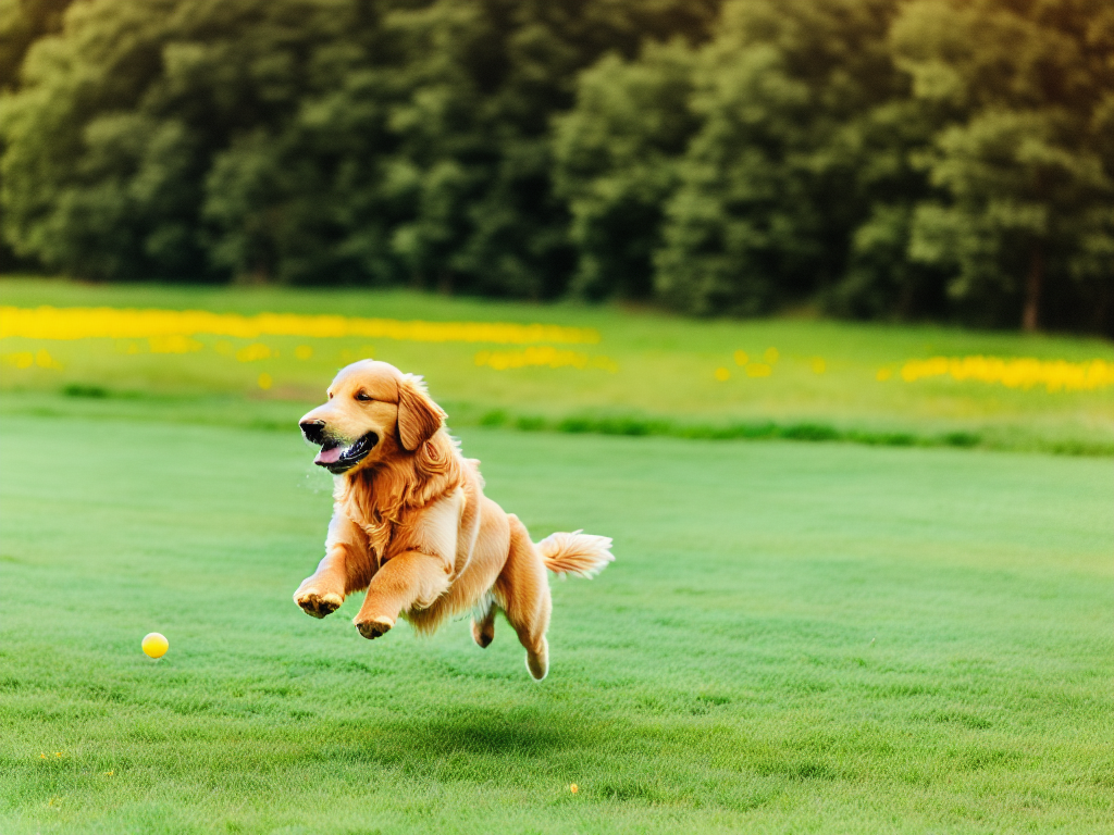 A Golden Retriever happily playing fetch with a Frisbee in the sun