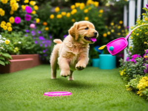 A Golden Retriever puppy playing energetically with a colorful toy in a garden