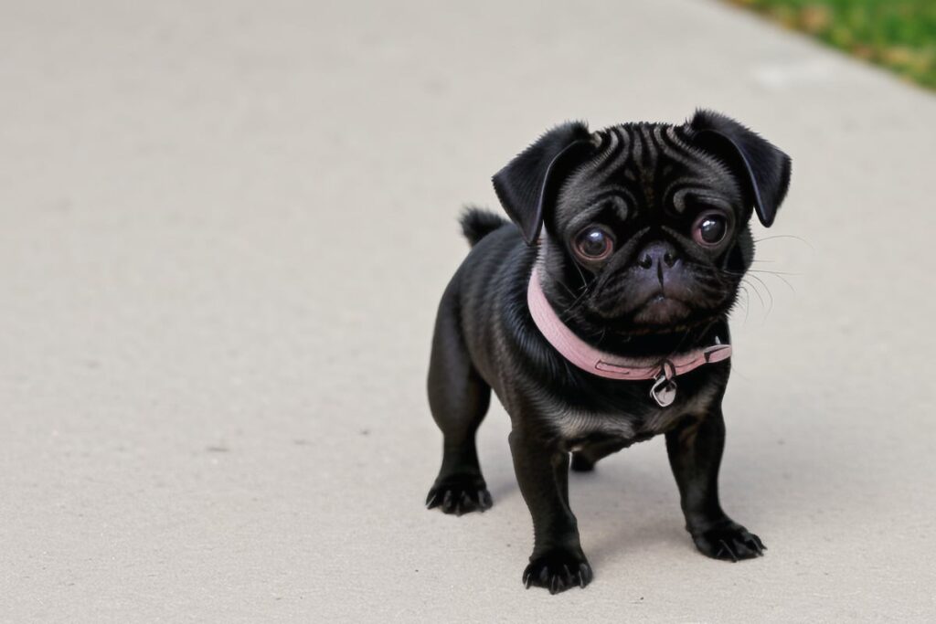 A black pug puppy showcasing its sturdy small sized build