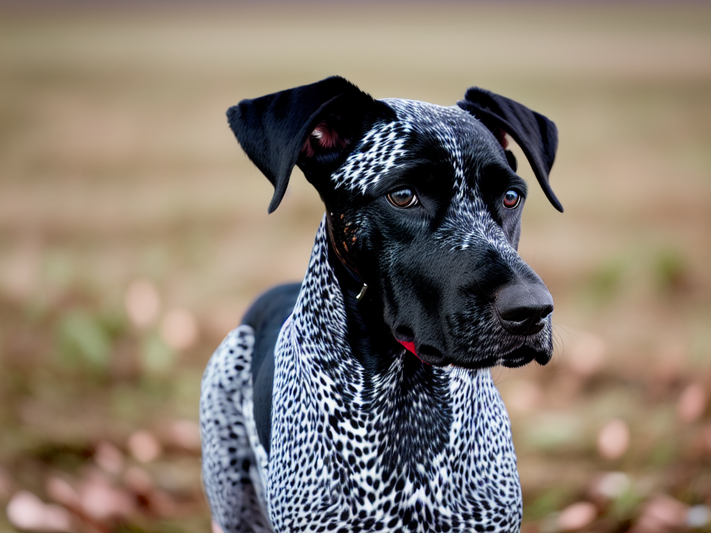 A black roan German Shorthaired Pointer emphasizing the white base coat speckled with black hairs creating a striking pattern