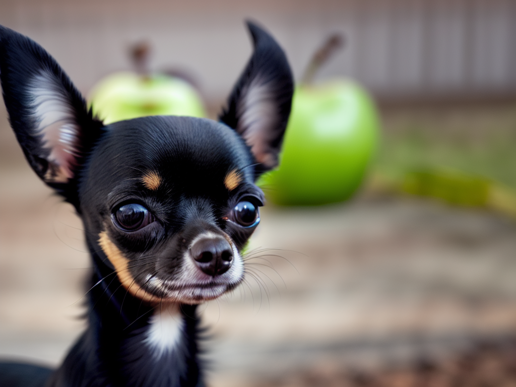 A close up of a Black Chihuahua face highlighting its distinctive apple shaped head and large round eyes