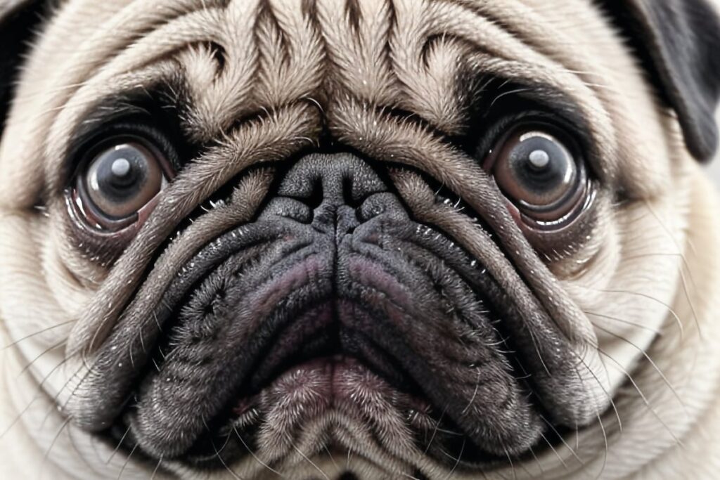 A close up of a pugs flat face emphasizing its brachycephalic nature and potential health concerns