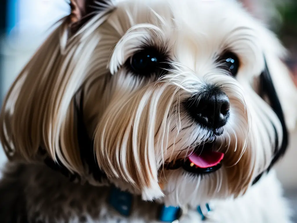 A close up shot of a Maltese dogs face highlighting its dark expressive eyes and black button nose