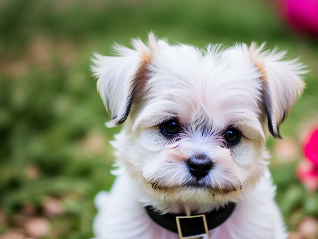 A close up shot of a Maltese puppys face
