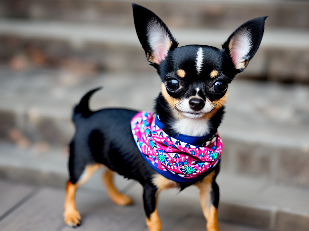 A delightful photo of a Black Chihuahua sporting a stylish bandana showcasing how these small dogs can rock fashion accessories