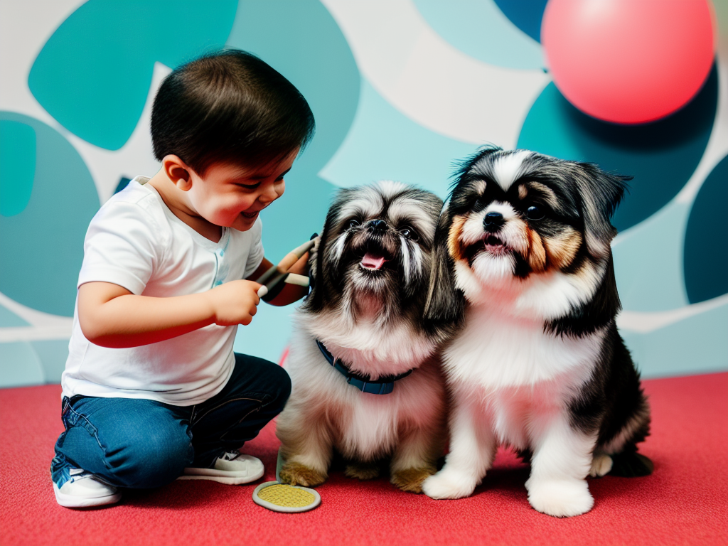 A friendly Shih Tzu happily engaging in play with a young child illustrating its kid friendly nature