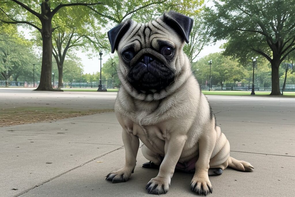 A full grown pug with a muscular build