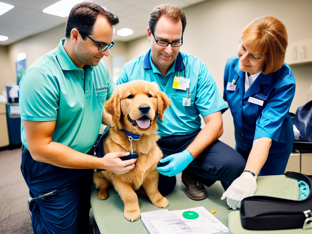 A golden retriever being checked by a vet