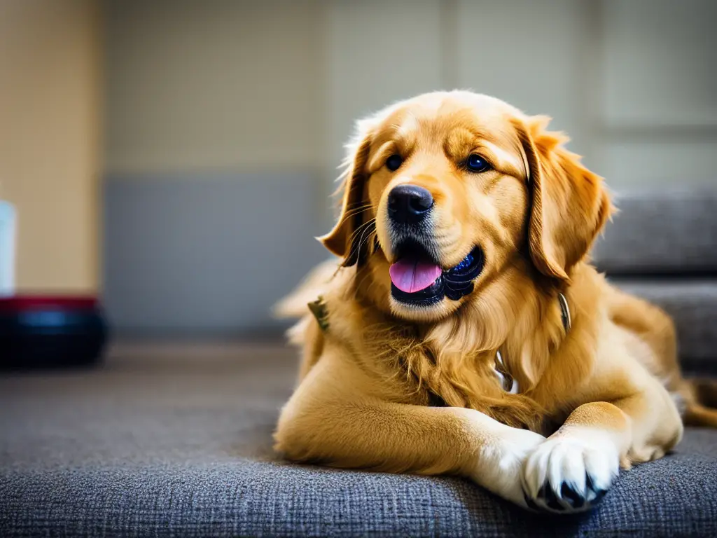 A golden retriever calmly resting indoors