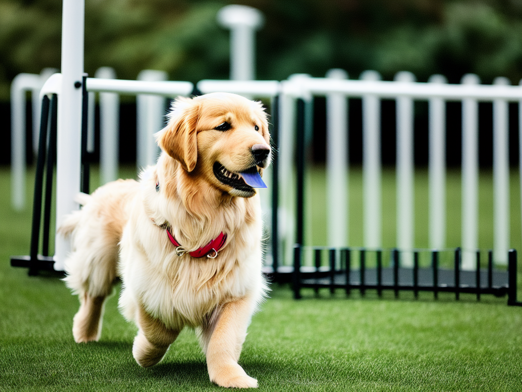 A golden retriever focused on an obedience
