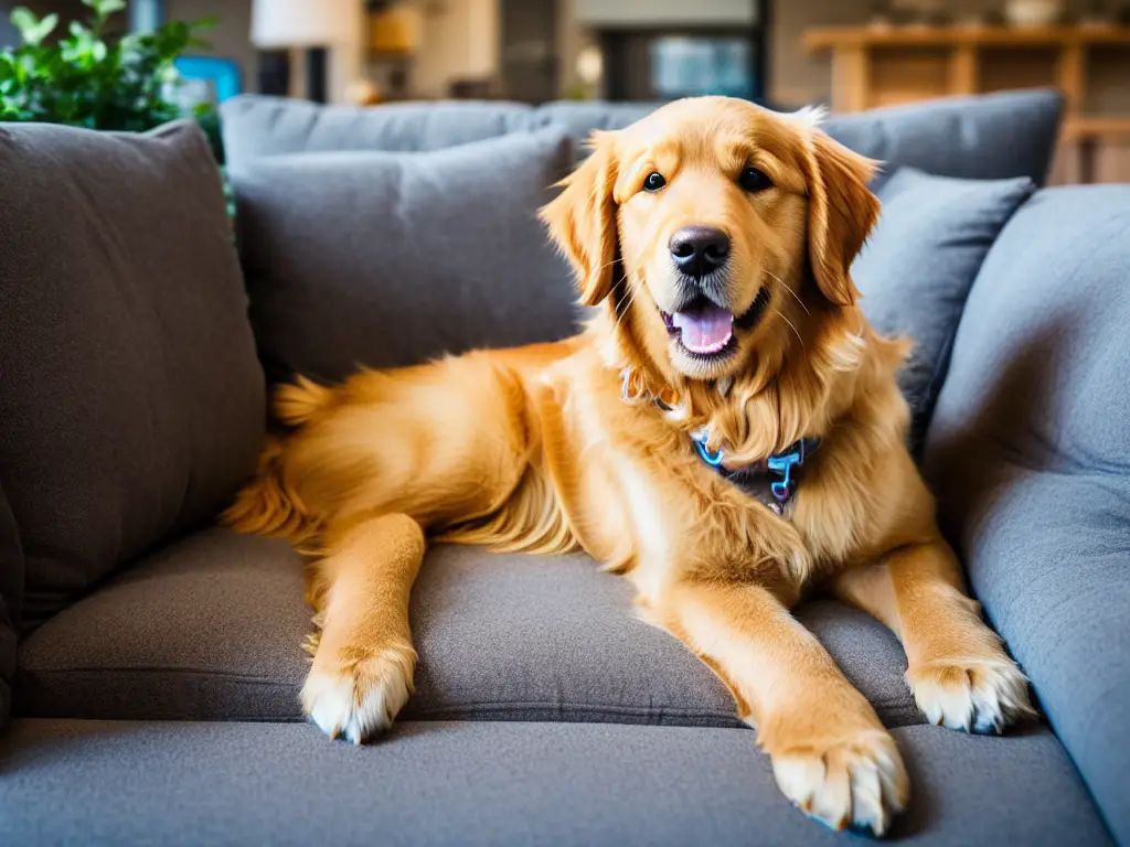 A happy and relaxed Golden Retriever lounging at home after a day of balanced physical exercise and mental stimulation