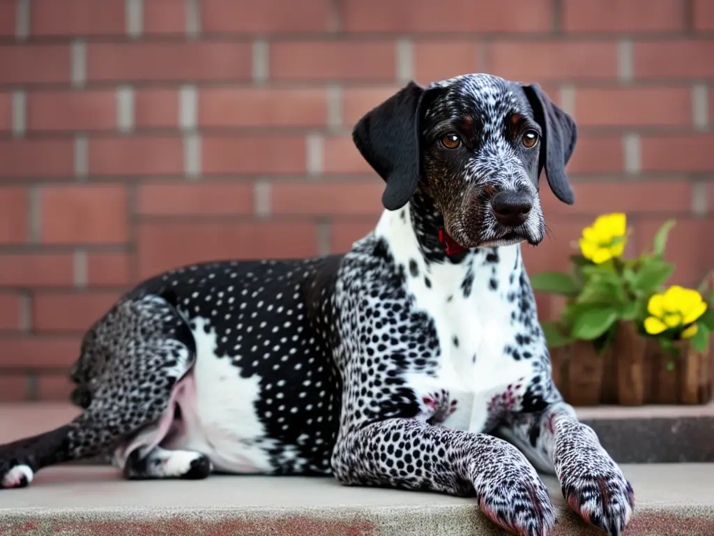 A liver roan German Shorthaired Pointer with a white base coat showcasing liver colored speckles and patches dispersed across its skin