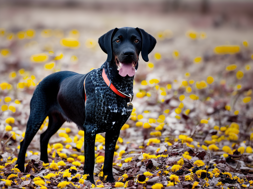 A patched German Shorthaired Pointer displaying large black or liver patches on its coat that add an appealing contrast