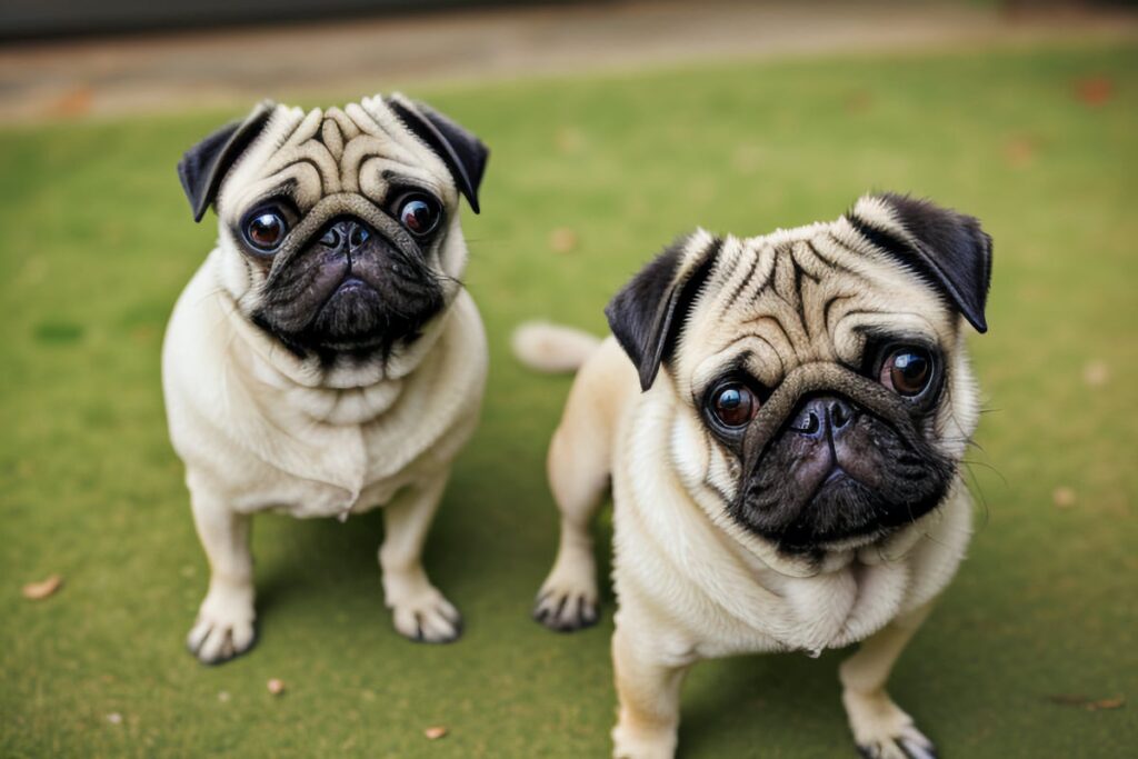 A pug dog with distinctive wrinkles and curly tail looking up at the camera