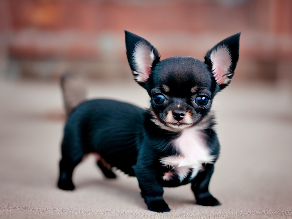 A tender image of a Black Chihuahua puppy with its adorable innocent gaze hinting at the cuteness overload