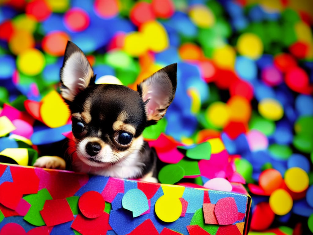 Adorable Chihuahua puppy peeking out of a gift box surrounded by colorful confetti ready to bring joy to someones day