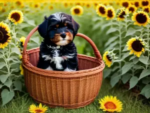 Adorable Havanese puppy sitting in a wicker basket, surrounded by blooming sunflowers in a sunny meadow.