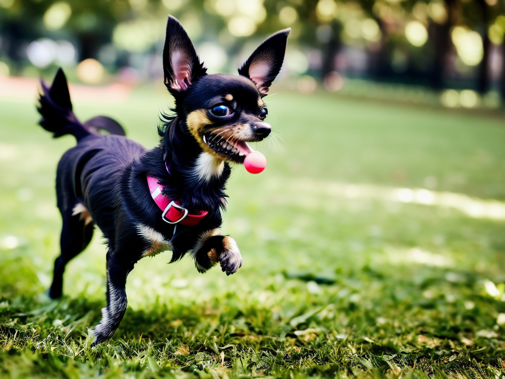 An action shot of a Black Chihuahua enjoying a playful romp in the park embodying the energetic and sprightly nature