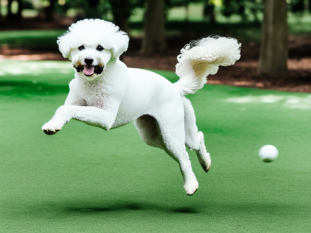 An action shot of a White Bichon Frise Dog