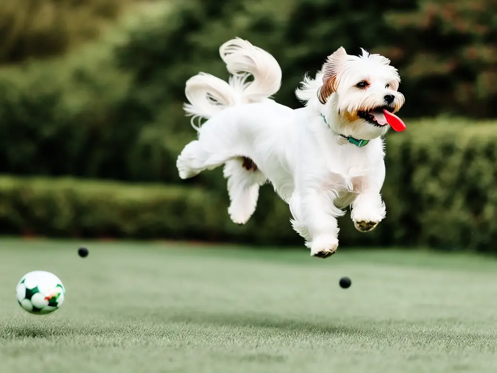 An action shot of a playful Maltese dog joyfully chasing a ball embodying the breeds lively and spirited nature