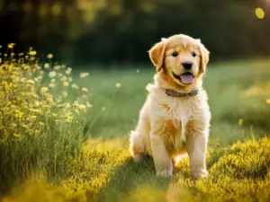 An adorable golden retriever puppy in a meadow