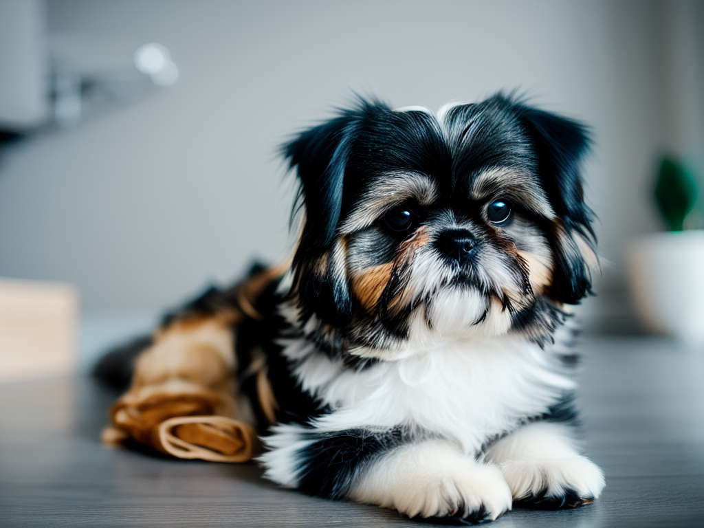 An affectionate Shih Tzu dog lounging in a small apartment illustrating its adaptability to limited living spaces