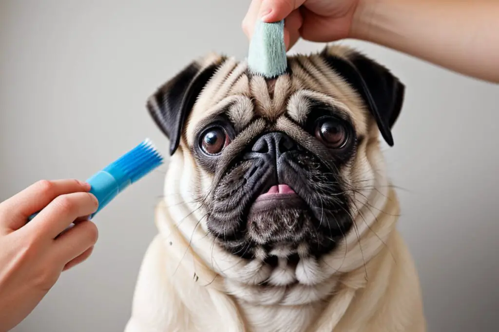 An owner grooming a pug