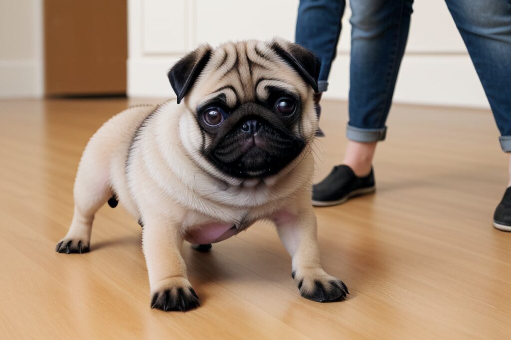 An owner training a pug puppy