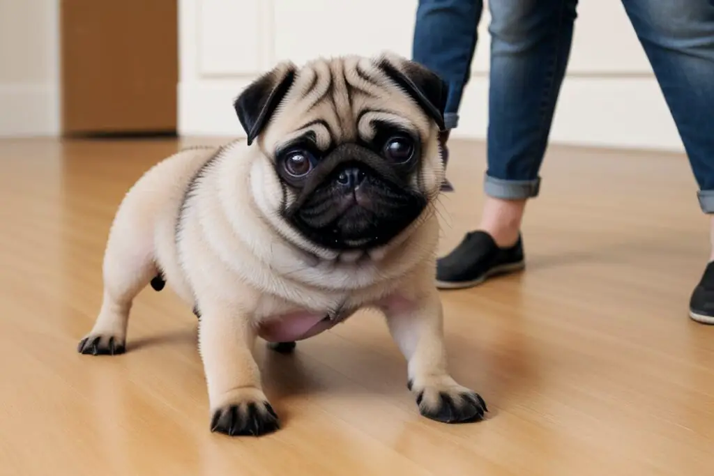 An owner training a pug puppy