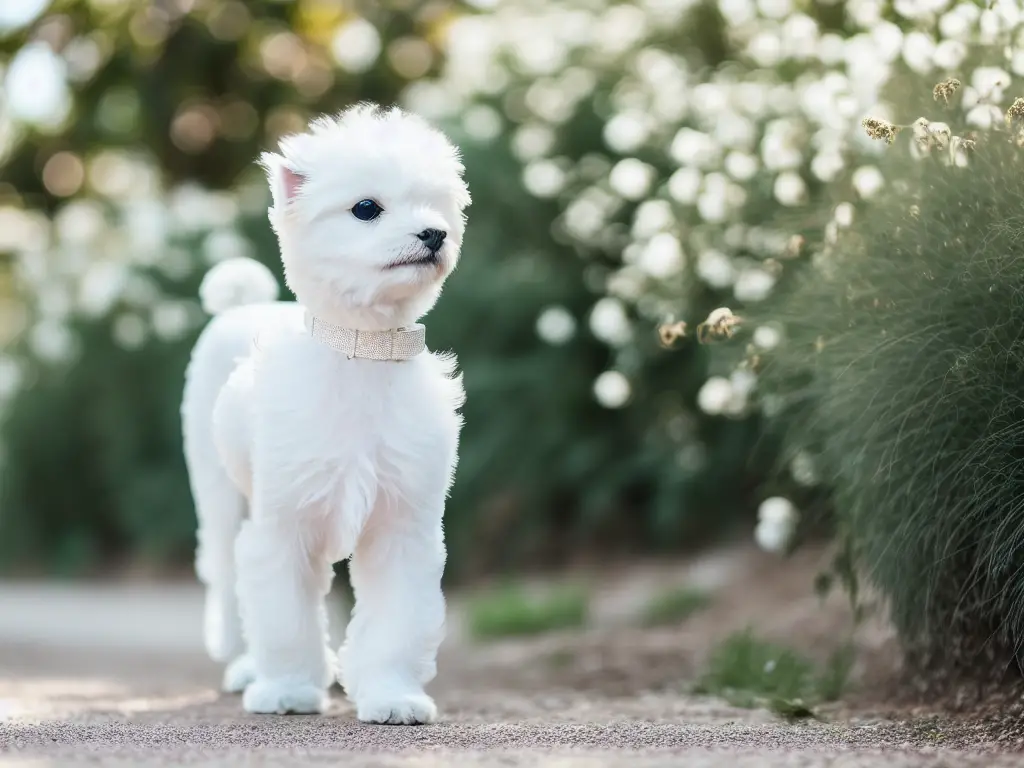 Bichon Frise on a leash during a peaceful walk