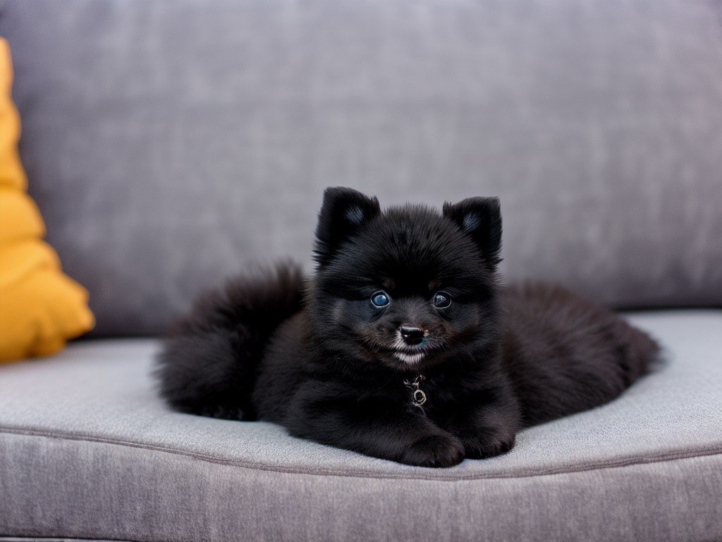 Black Pomeranian puppy in sleeping on a sofa