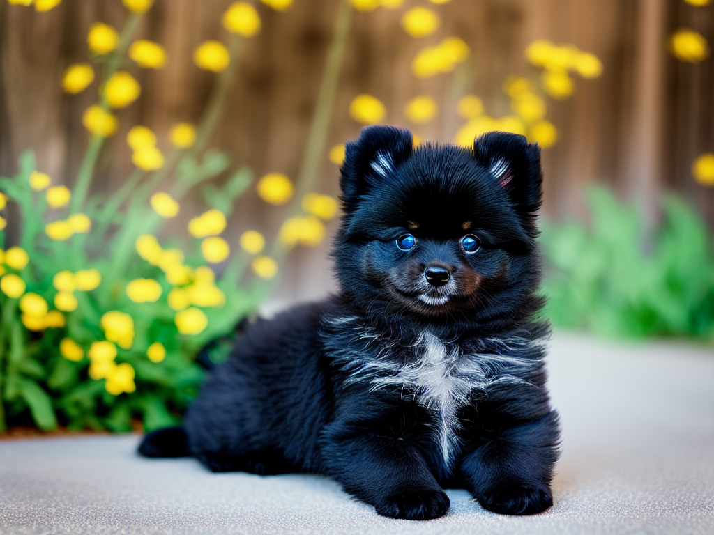 Black Pomeranian puppy in the backyard