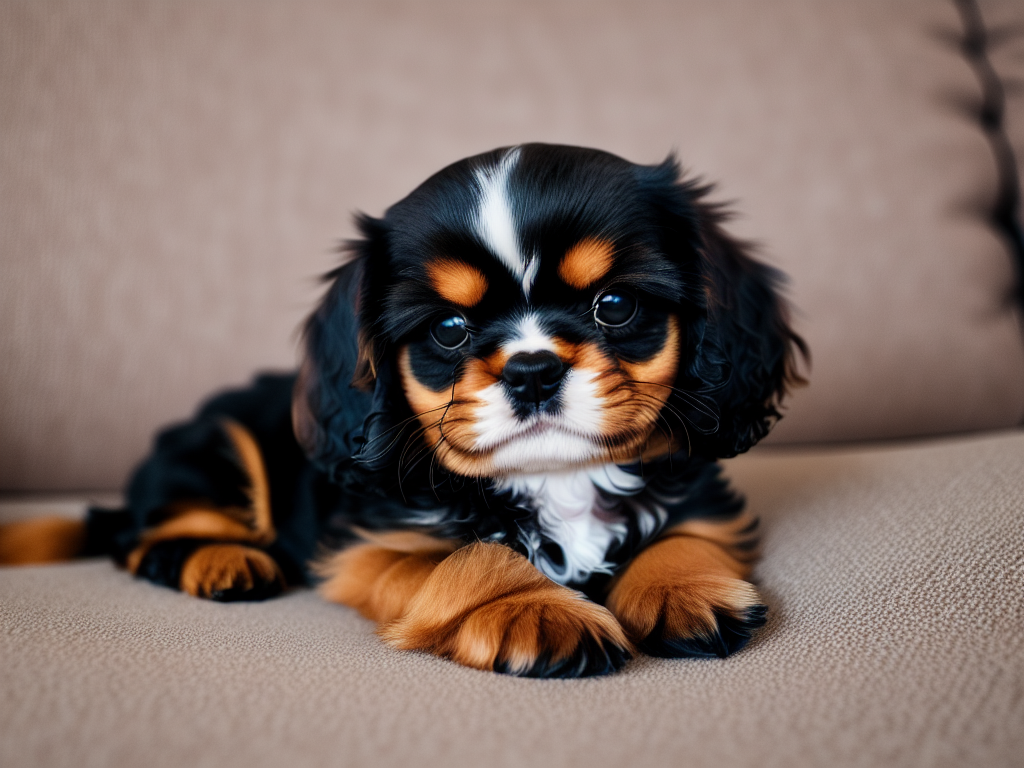 Black and Tan Cavalier King Charles Spaniel Puppy sleeping on the couch