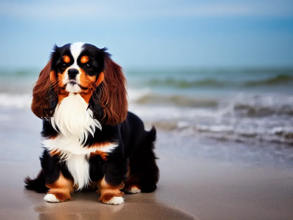 Black and Tan Cavalier King Charles Spaniel at the beach