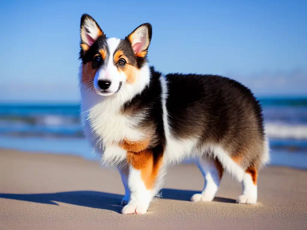 Cardigan Welsh Corgi Puppy in the sun at the beach