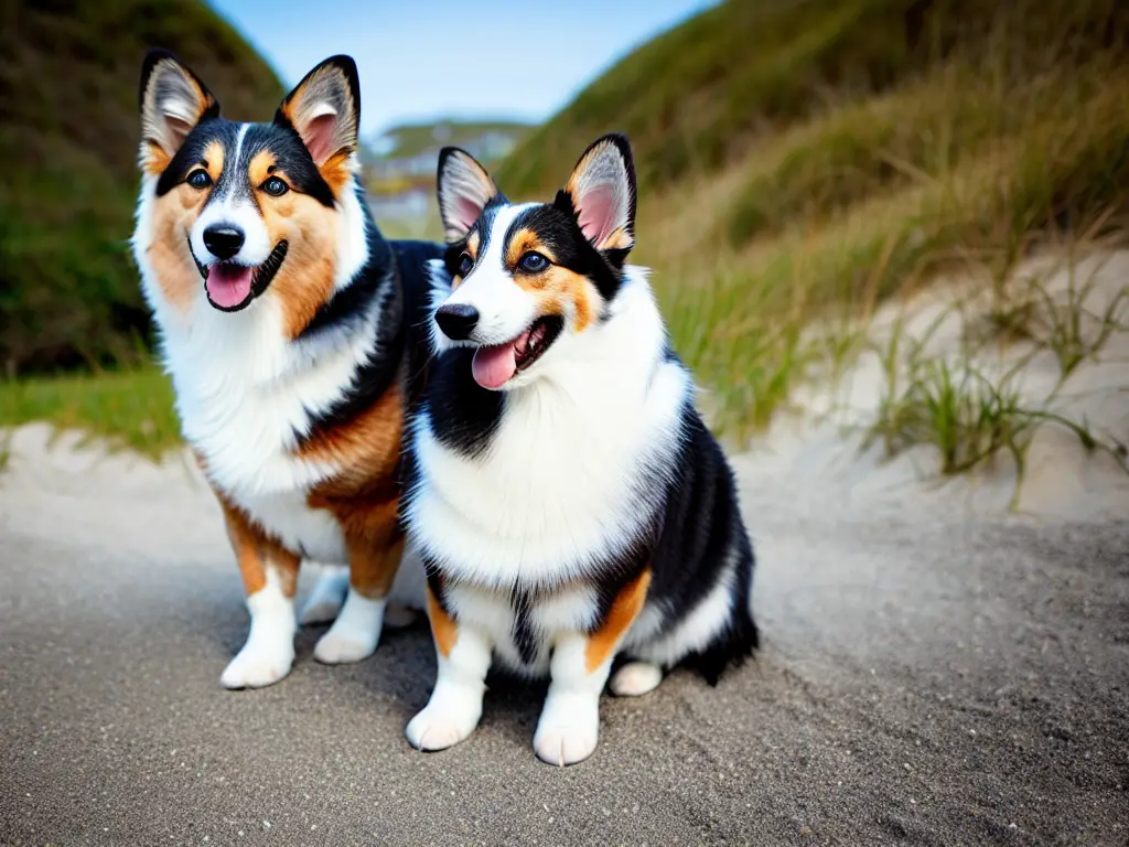 Cardigan Welsh Corgis in the sun at the beach