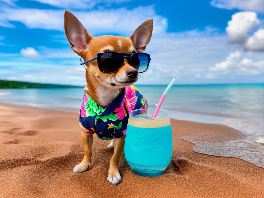 Chihuahua dressed in a Hawaiian shirt and sunglasses relaxing on a sandy beach with a tropical drink in its paw