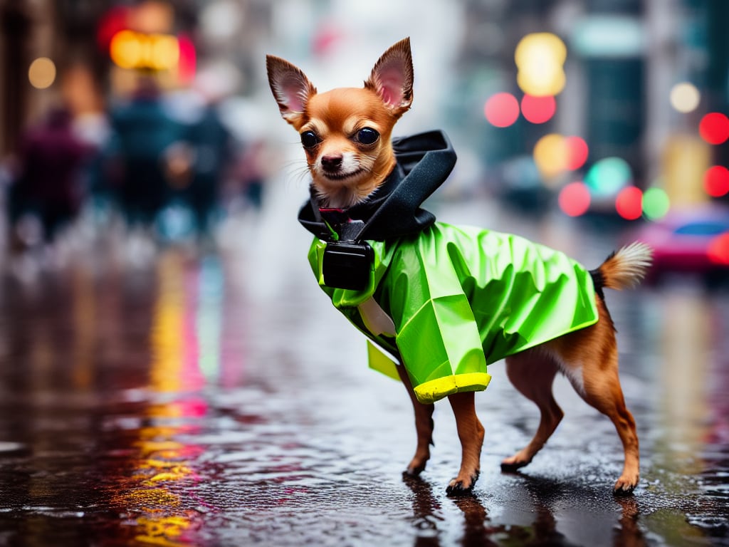 Chihuahua dressed in a tiny raincoat jumping over puddles on a rainy city street