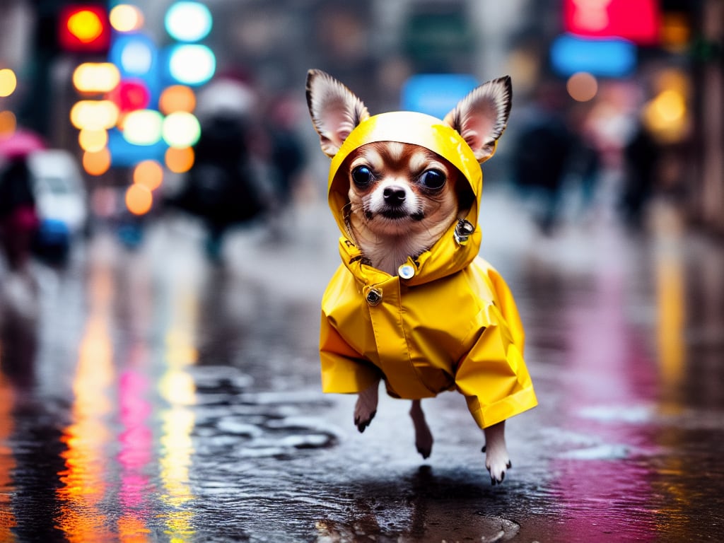 Chihuahua dressed in a tiny raincoat