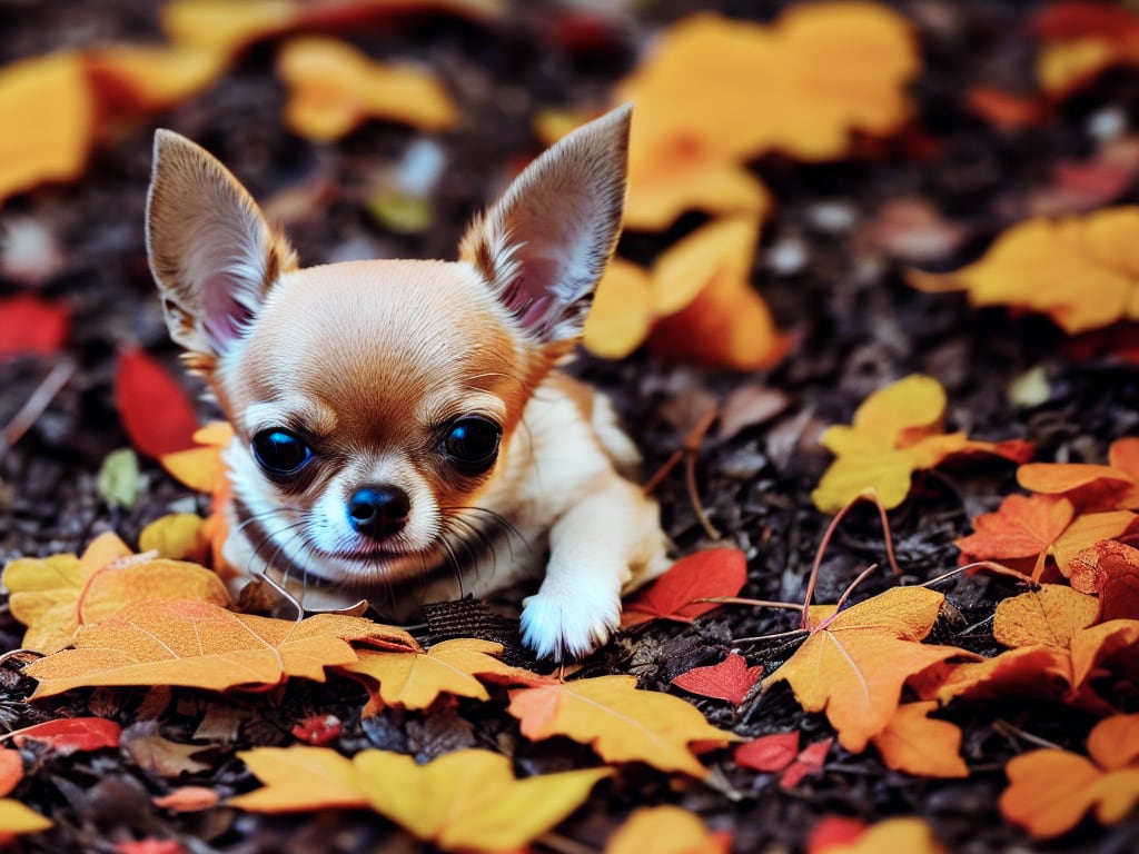 Chihuahua nestled in a pile of autumn leaves with its adorable face peeking out and a leaf on its nose