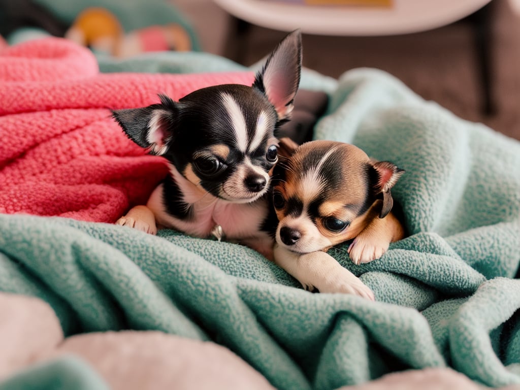 Chihuahua puppy curled up in a fluffy blanket peacefully napping in a cozy reading nook