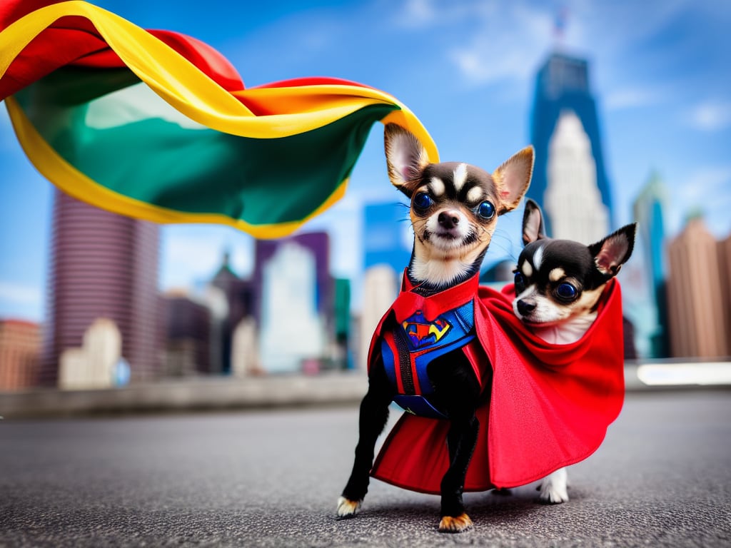 Chihuahua puppy dressed as a superhero striking a heroic pose with a cape fluttering in the wind against a vibrant city backdrop