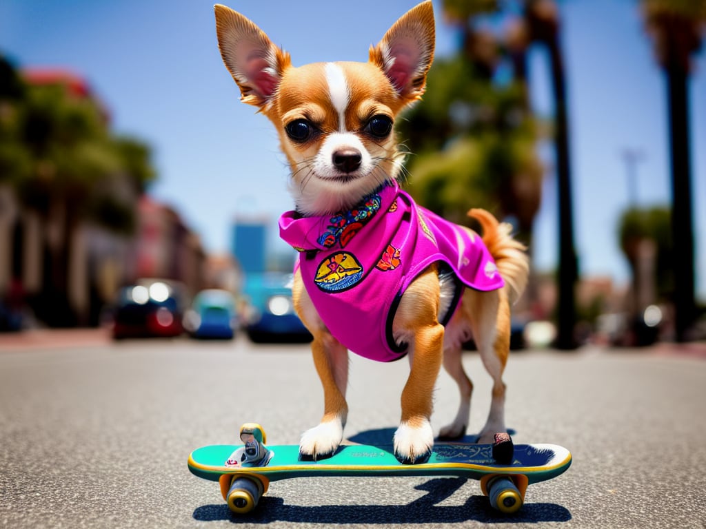 Chihuahua puppy perched on a skateboard wearing a cool bandana and confidently riding down a sunny neighborhood street
