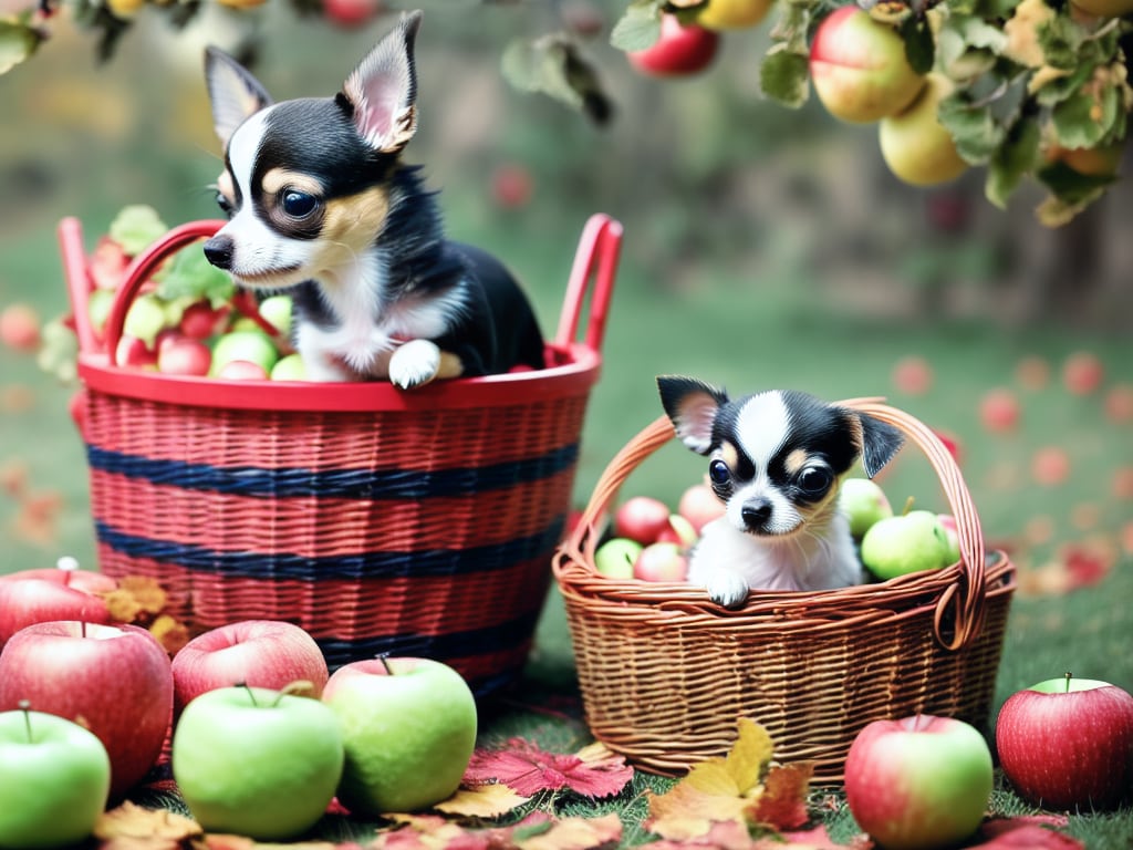 Chihuahua puppy sitting in a basket surrounded by freshly picked apples capturing the essence of autumn harvest and cuteness