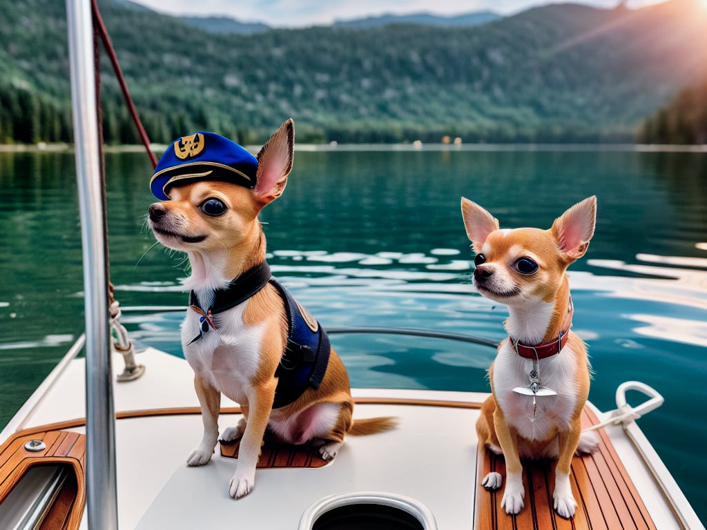 Chihuahua puppy sitting in a tiny sailboat wearing a captains hat with a serene lake and a golden sunset in the background embracing a spirit of adventure