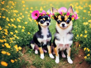 Chihuahua puppy wearing a flower crown sitting amidst a field of blooming flowers exuding pure innocence and beauty