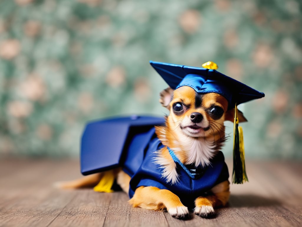 Chihuahua puppy wearing a graduation cap holding a miniature diploma in its mouth proudly celebrating a milestone achievement