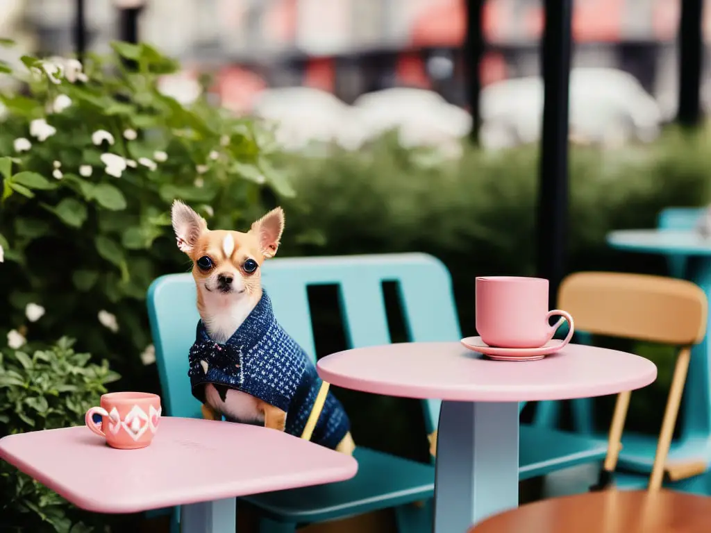 Chihuahua sitting at a tiny outdoor cafe table wearing a miniature beret and sipping from a teacup filled with dog friendly herbal tea